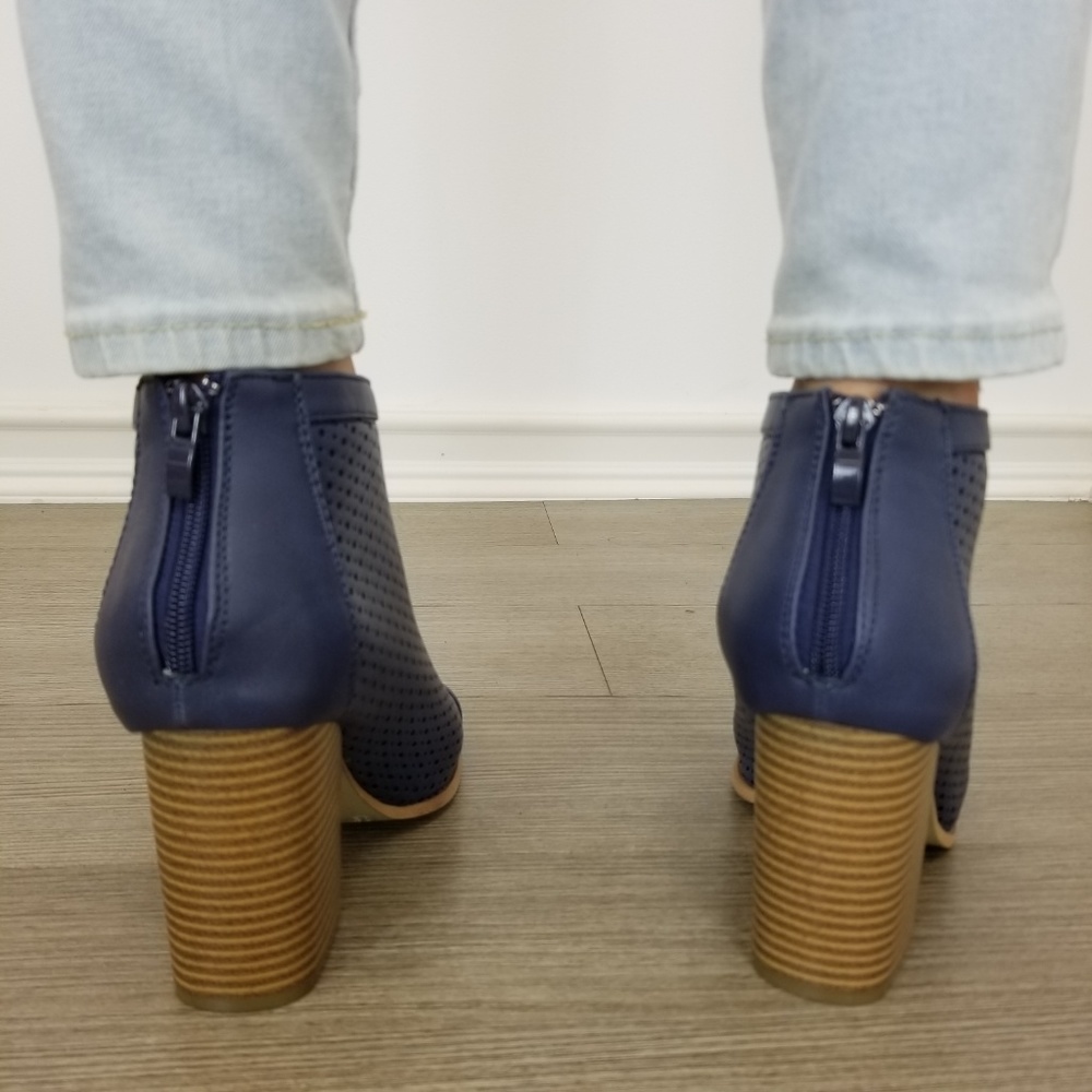 Navy Perforated Heeled Open Toe Ankle Boots - Picture 4 of 7